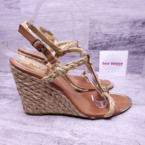 MIA Shoes - MIA Tracy Straw Wedge Sandal Natural Tan Gold Women's sz 8.5